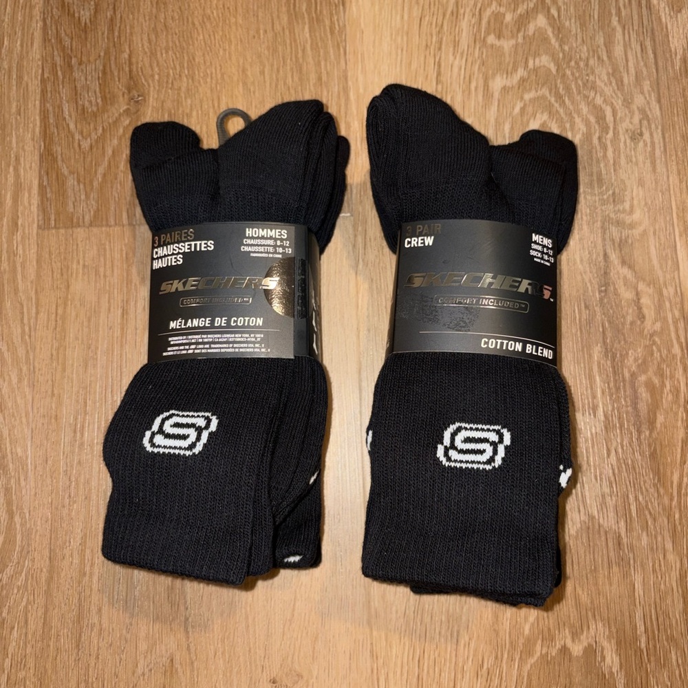 2 Skechers 3 Pack Men's Black Crew Socks Size 10-13 Cotton Blend New